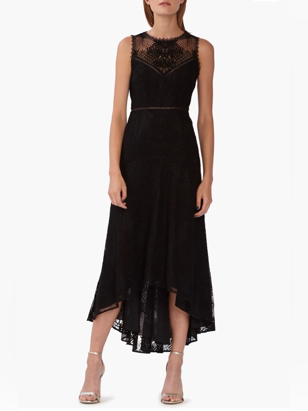 Monique Lhuillier Black Lace High-Low Evening Dress Formal Classic Feminine Gown